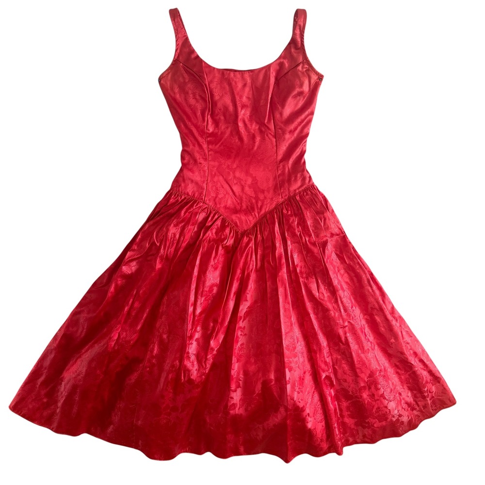 Vintage Gunne Sax Red Prom Dress Sz 7 Petticoat Floral Damask Bow